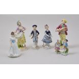 Pair of Derby style figures, of a musician and dancer, restored, 18cm,