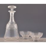 Lead crystal mallet shape decanter, mushroom stopper, 28cm and six cut glass sundai glasses,