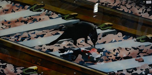 Contemporary, Crow on the Tracks, spray on acrylic, 60cm x 120cm, unframed.
