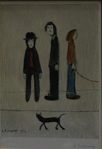 After Laurence Stephen Lowry, Three Men and a Cat, signed in biro, colour print,