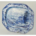 Large 19th Century blue and white meat plate, "Game Keeper", 53 x 41cms, (restored),