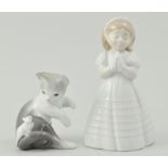 Lladro group, modelled as a cat and mouse, together with a Nao model of a little girl, 14cms,