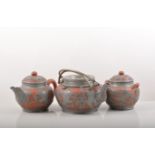 Chinese pewter overlaid terracotta four piece tea set, Yee Dzu Ching,