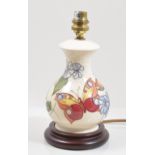 Rachel Bishop for Moorcroft Pottery, a 'Butterfly'  table lamp, baluster form on turned wooden base,