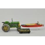 German tin plate clockwork speed boat, 2050, to metal tin plate tractors, one with roller,