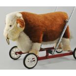 Merrythought Plush push along Hereford Bull, circa 1965, metal frame,