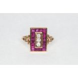 A ruby and diamond rectangular cluster ring, diamonds (3),