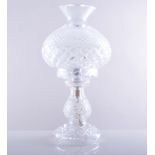 A lead crystal table lamp, hobnail cut mushroom shade, pear shaped stem, circular base,