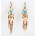 A pair of Victorian yellow metal Etruscan style torpedo shaped drop earrings,