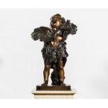 After Adriano Cecioni, Child with cockerel, bronze figure, marked on the platform,