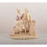 A German creamy-porcelain spill vase group, modelled as a lady and gentleman descending a staircase,