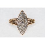 A Victorian diamond set marquise cluster ring, claw set with old cut stones (15),