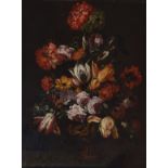Dutch School, probably 18th Century, still life of flowers in a vase on a ledge, unsigned,