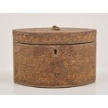 A George III rolled paper navette shape tea caddy, straight sided form, width 19cm.