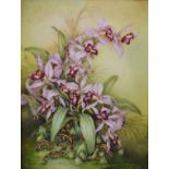 A large porcelain plaque, painted with lilies, salamanders and insects, 62cm x 46cm,