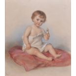 Monogramist TA J,
Portrait of a young child holding a rattle, seated on a cushion,