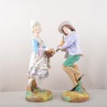A pair of Meissen porcelain figures, Street Musicians, late 20th Century, the lady with a lyre,