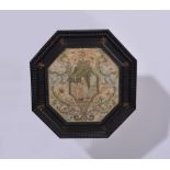 An octagonal needlework panel, late 17th Century, Trompe L'oil design as a miniature,