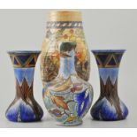 Charlotte Rhead Crown Ducal vase, decorated in the Ankara design, height 27cm, (chipped at base),