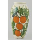 Sally Tuffin, for Moorcroft Pottery, "Finches and Orange Tree", circa 1990, ovoid form,