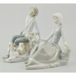 Lladro figure of seated girl, with a dove, together with a similar of a seated girl and dog, 19cm,