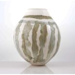 Studio pottery ovoid vase, white bodied with banding and striations, 27cm.