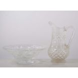 Lead crystal fruit bowl, diameter 28cm and a moulded glass ewer, (2).