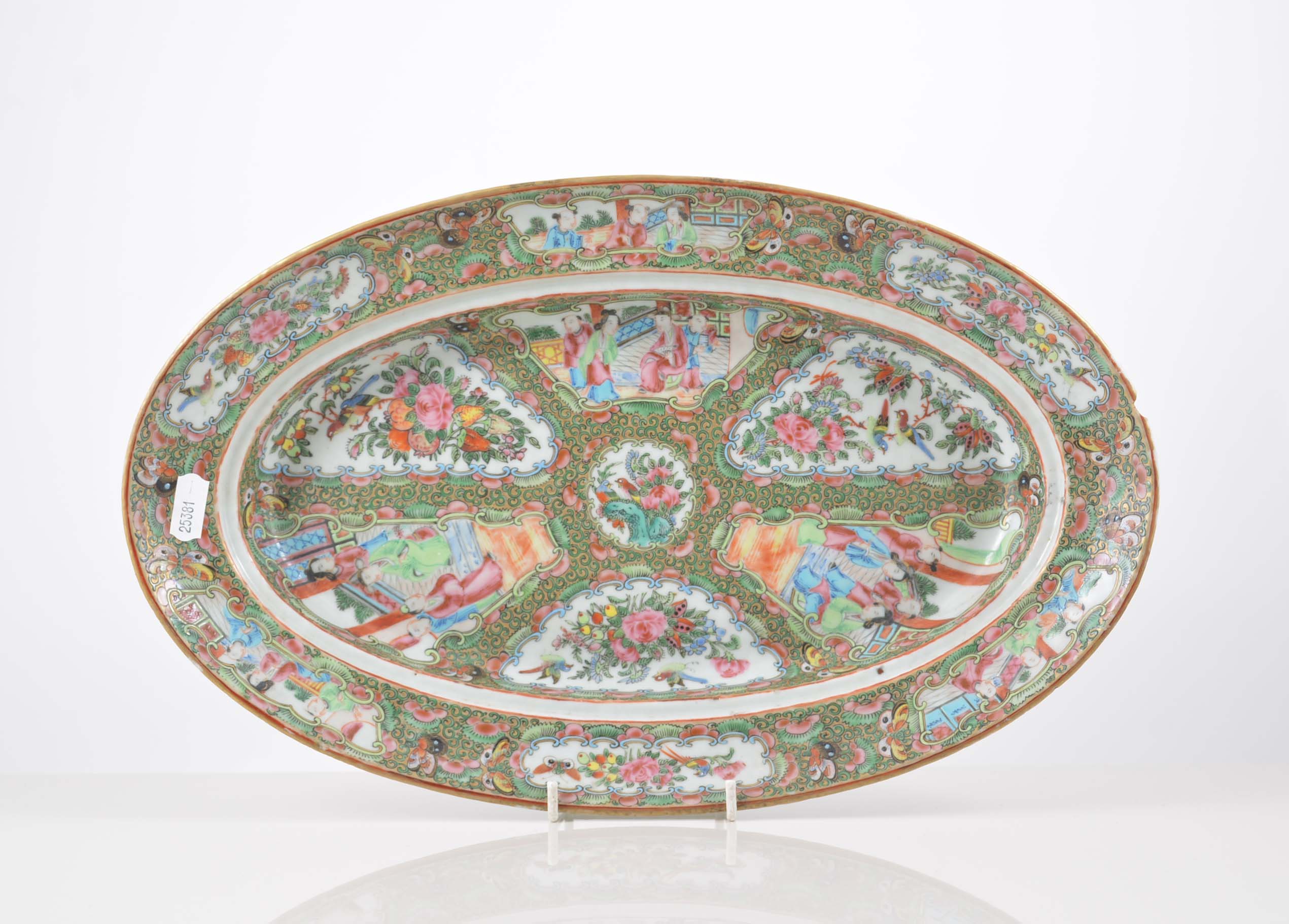 Cantonese oval dish, compartmentalised decoration with Mandarin figures, flowers and birds,