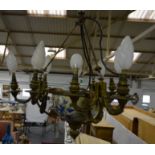 Empire revival style nine light chandelier, gilt metal, ceramic bowl, three branches,