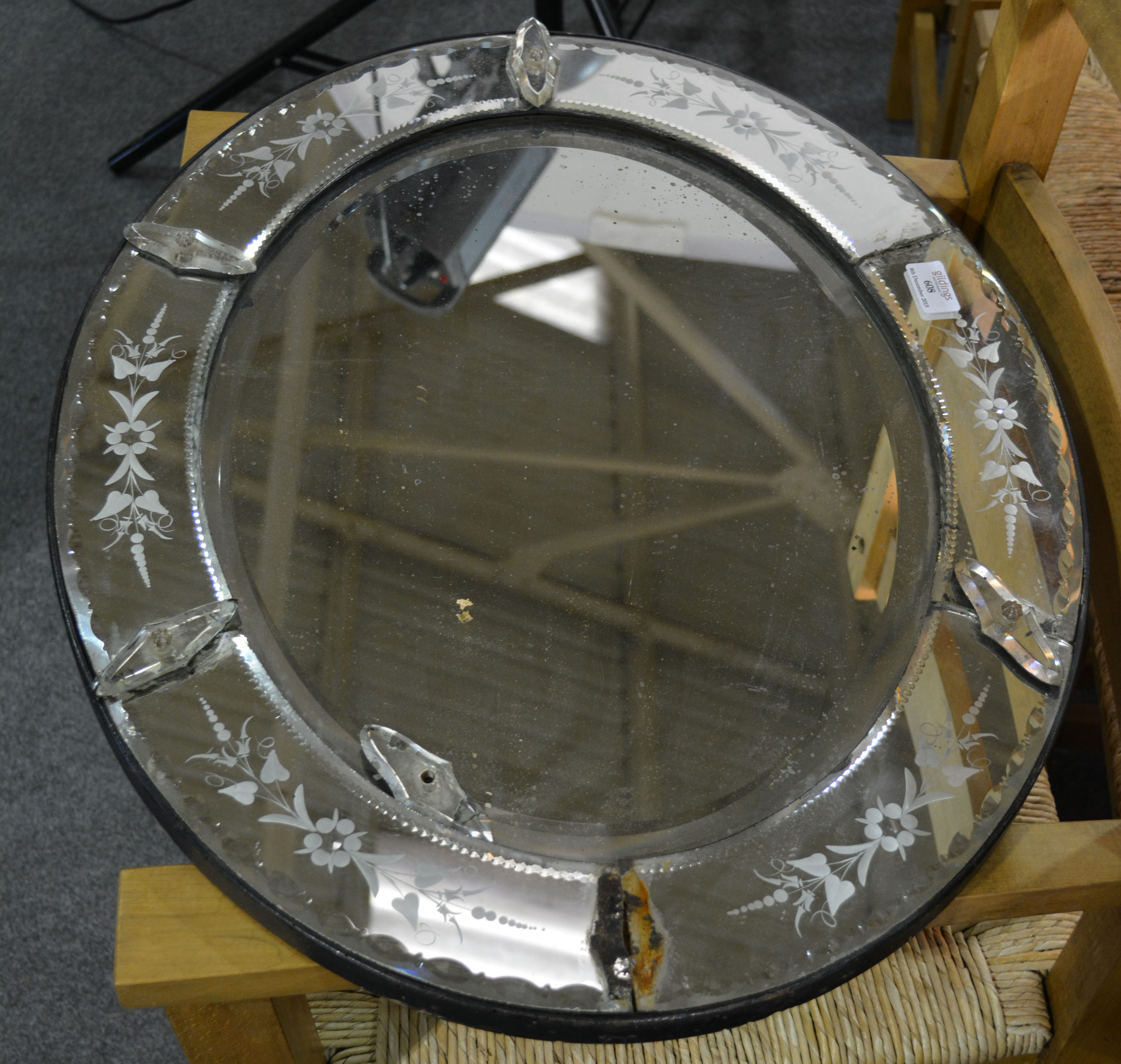 Italian oval wall mirror, with etched mirror frame and bevelled glass, height 65cm.