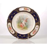 Three Dresden porcelain cabinet plates, with named vignettes, Royal blue outlines, diameter 22cm.