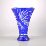 Large blue over laid conical shaped vase, 27cm and a blue over laid basket, (2).