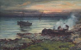 Colin Hunter (1841-1904)oil on board,Coastal landscape with figures lighting a fire and moored