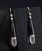 A pair of 1920's style, diamond set black enamel and frosted glass drop earrings, of elongated