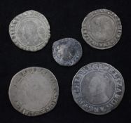 Five Queen Elizabeth I silver coins, comprising two shillings, fifth issue, one VG with weak