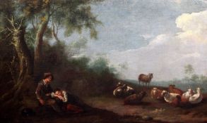 Follower of Nicolaes Berchem (1620-1683)oil on canvas,Lovers in a pastoral landscape,20 x 33in.