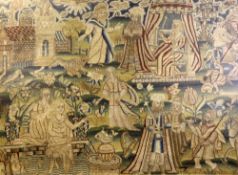 A 17th century needlework panel, depicting the story of David and Bathsheba, with label to verso,