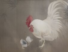 Japanese Schoolgouache on silk,Cockerel and two chicks,signed,19.5 x 28in.