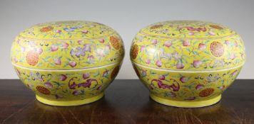 A pair of Chinese famille rose yellow ground boxes and covers, second half 19th century, each