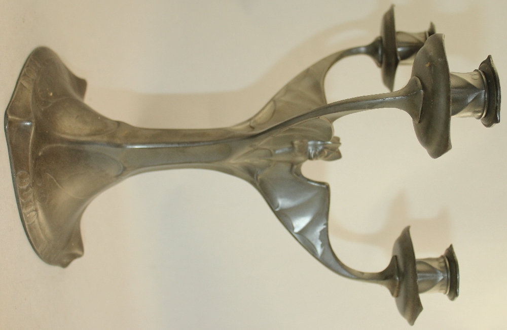 Hugo Levin. A Kayserzinn pewter three branch 'bat' candelabra, each branch modelled as a bat wing - Image 4 of 5