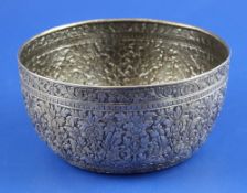 An early 20th century Chinese silver circular bowl, embossed with foliage, signed on base, 5in, 4.