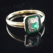 A 14ct gold, emerald, green enamel and diamond set ring, of octagonal form, size W.