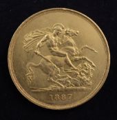 A Victorian 1887 gold five pounds, Jubilee head, near EF