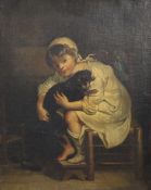 Victorian Schooloil on canvas,Interior with child holding a terrier,18 x 15in.