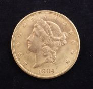 A USA 1904 gold 20 dollars, coronet head, near EF