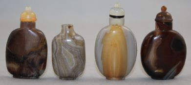 Four Chinese banded agate and chalcedony snuff bottles, 1750-1900, all well hollowed, 4.7cm-5.3cm