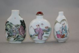 Three Chinese famille rose snuff bottles, 1830-1908, each painted with figures in landscapes, the