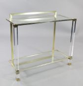 A 1970's Pierre Vandel lucite brass and glass console table, with square section front supports