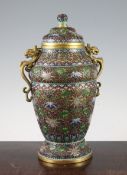 A Chinese bronze and cloisonne enamel vase and cover, early 20th century, the banded ovoid body