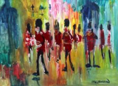 James Lawrence Isherwood (1917-1988)oil on board,Marching Guard's band,signed,11.75 x 15.5in.